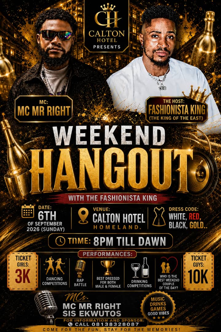 Calton Hotel Weekend Hangout event flyer in black, gold and red with host and ticket information