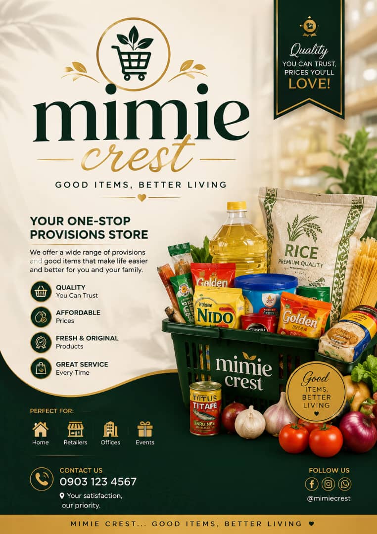 Mimie Crest provisions store flyer with logo mark, product basket photography and contact details