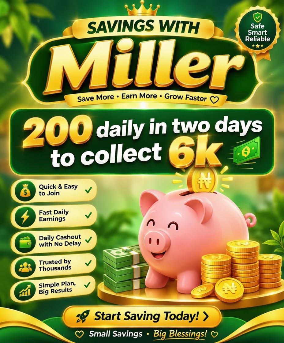 Savings With Miller promotional flyer in green and gold with a piggy bank, coins and benefit list