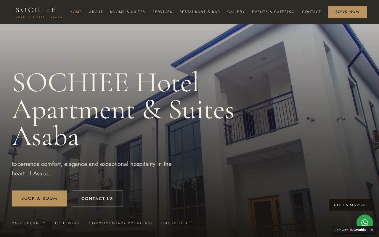 Homepage of the SOCHIEE Hotel Apartment & Suites Asaba website